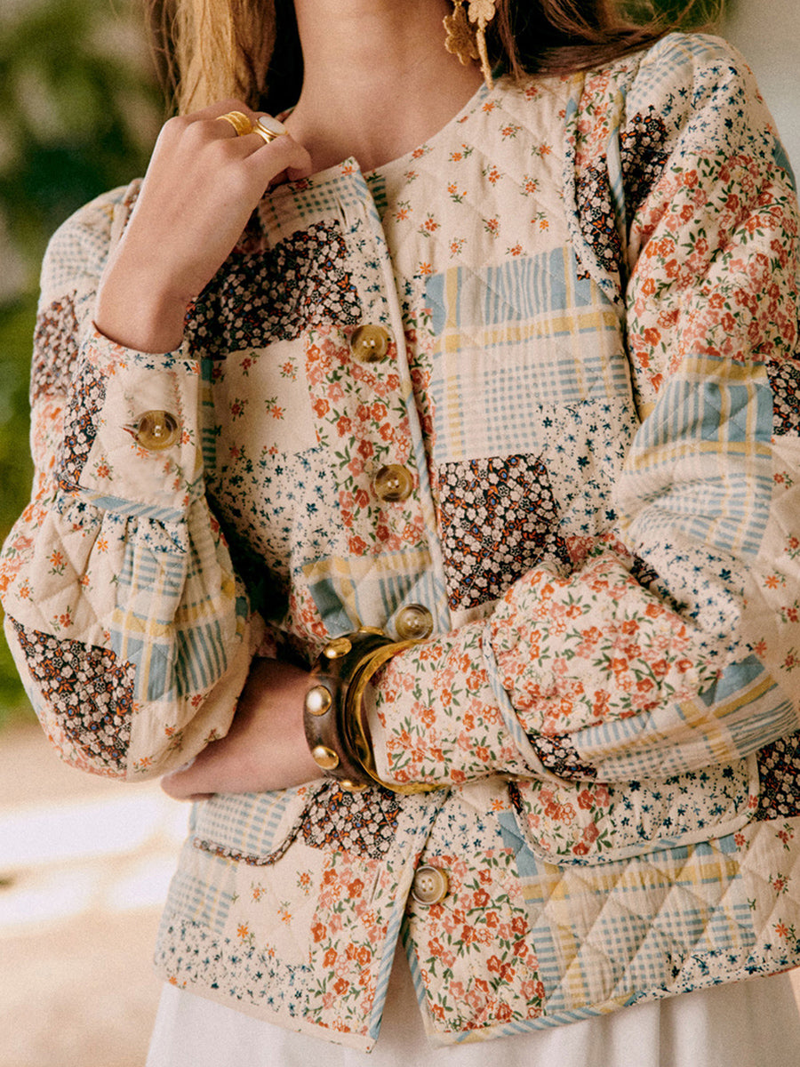 Fall Winter Women's Quilted Coats Jacket Lightweight Fashion Floral Print Casual Long Sleeve Button Cardigan Outwear Streetwear