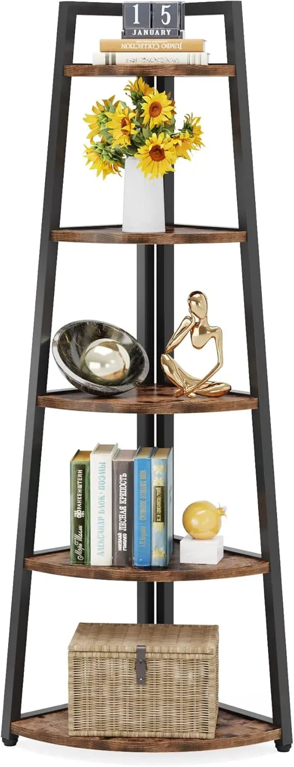 5 Tier Industrial Corner Bookshelf Bookcase Industrial Corner Ladder Shelf Plant Stand for Living Room, Kitchen, Home Office