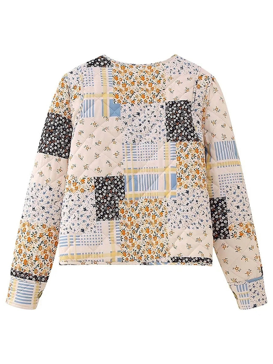 Fall Winter Women's Quilted Coats Jacket Lightweight Fashion Floral Print Casual Long Sleeve Button Cardigan Outwear Streetwear