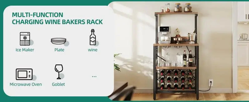 Small Kitchen Microwave Bakers Stand Wine Rack, Wine Rack,Coffee Bar Storage with Power Outlet for Liquor Thicken Shelf Room
