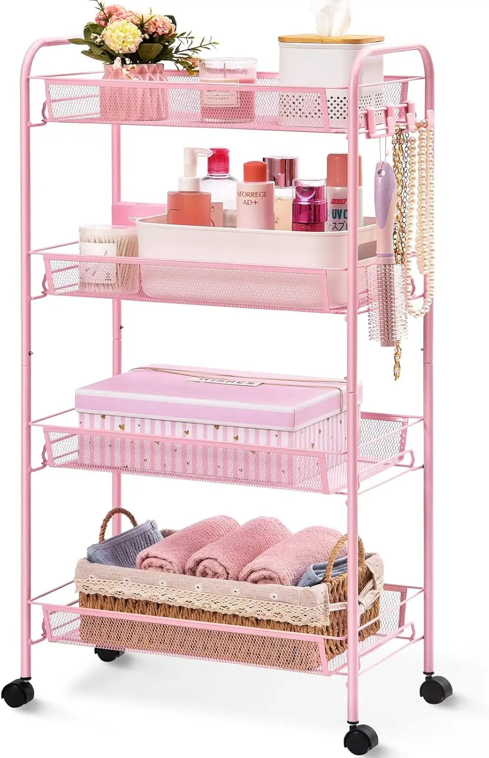 Rolling Cart, Metal Utility Cart with 3 Hooks, Easy Assemble Mobile Storage Trolley On Wheels, Metal Shelving Units Kitchen