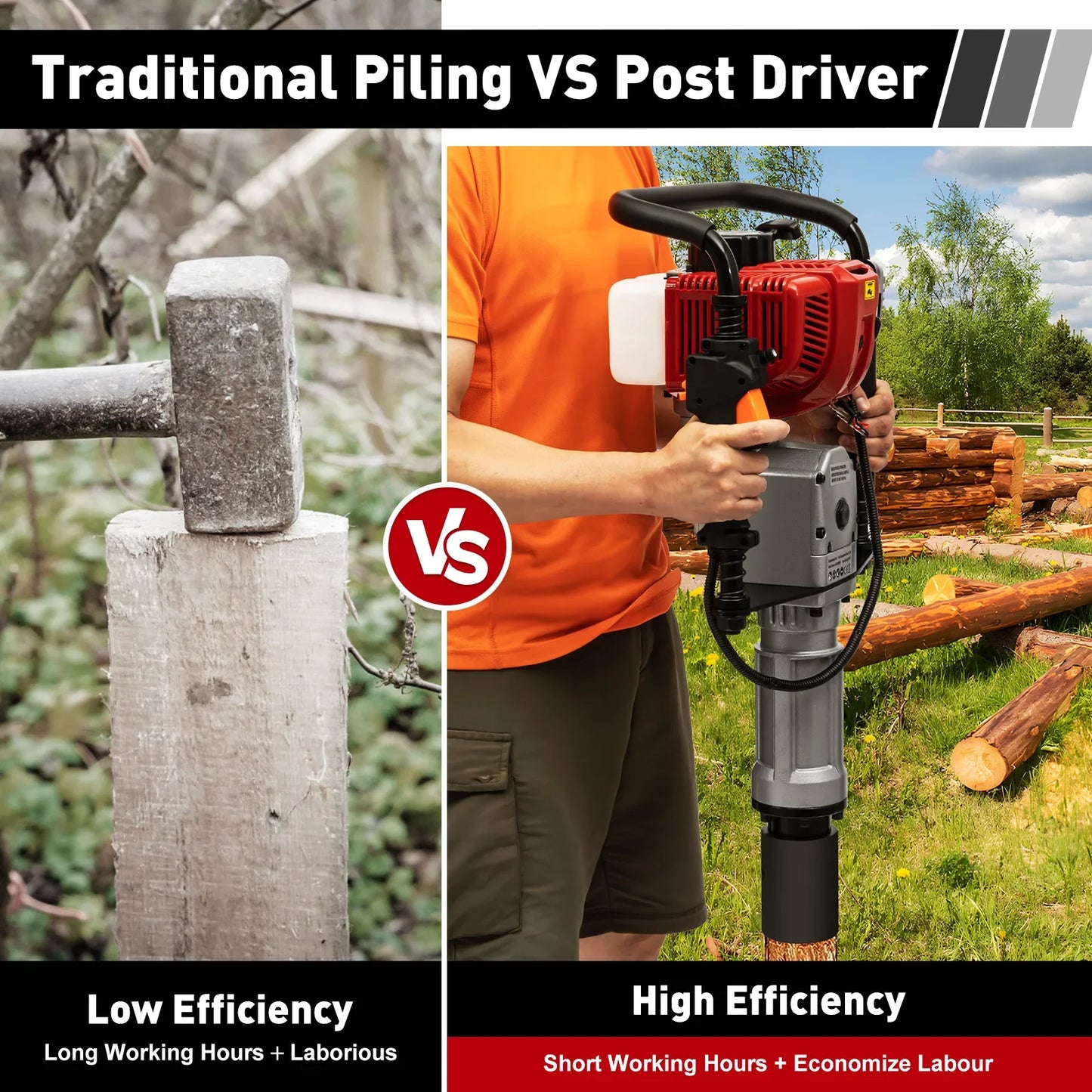 52CC Pile Driver 1900W Gasoline 2 Stroke Post Driver Petrol Garden Fencing Tool Machine 55-70mm Sleeve