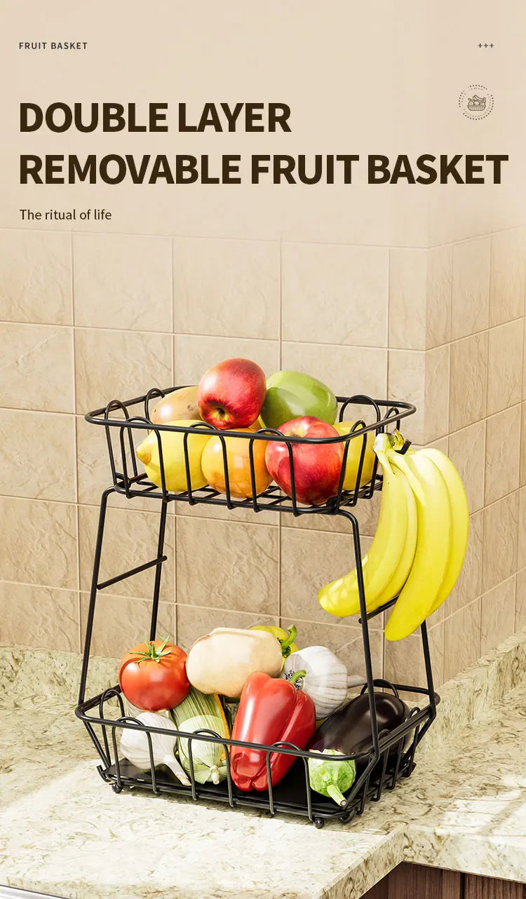 Fruit Basket,Metal Wire Storage Basket With Hooks,Saving Storage Rack,Stylish Kitchen Organizer In Space - Display Stand