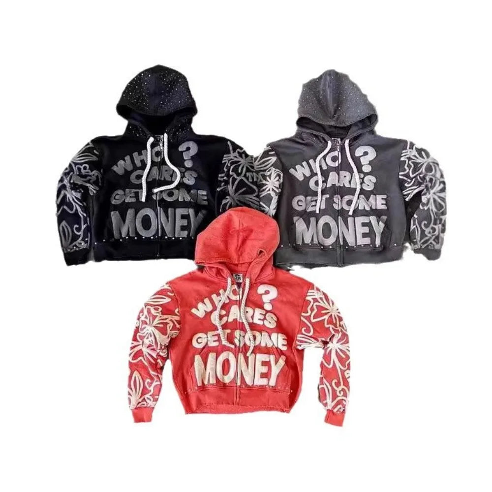 Y2K Zip Hoodie New American Hip Hop Casual Fashion Alphabet Design Vintage Hooded Long Sleeve Sports Hood Men Women Street Wear