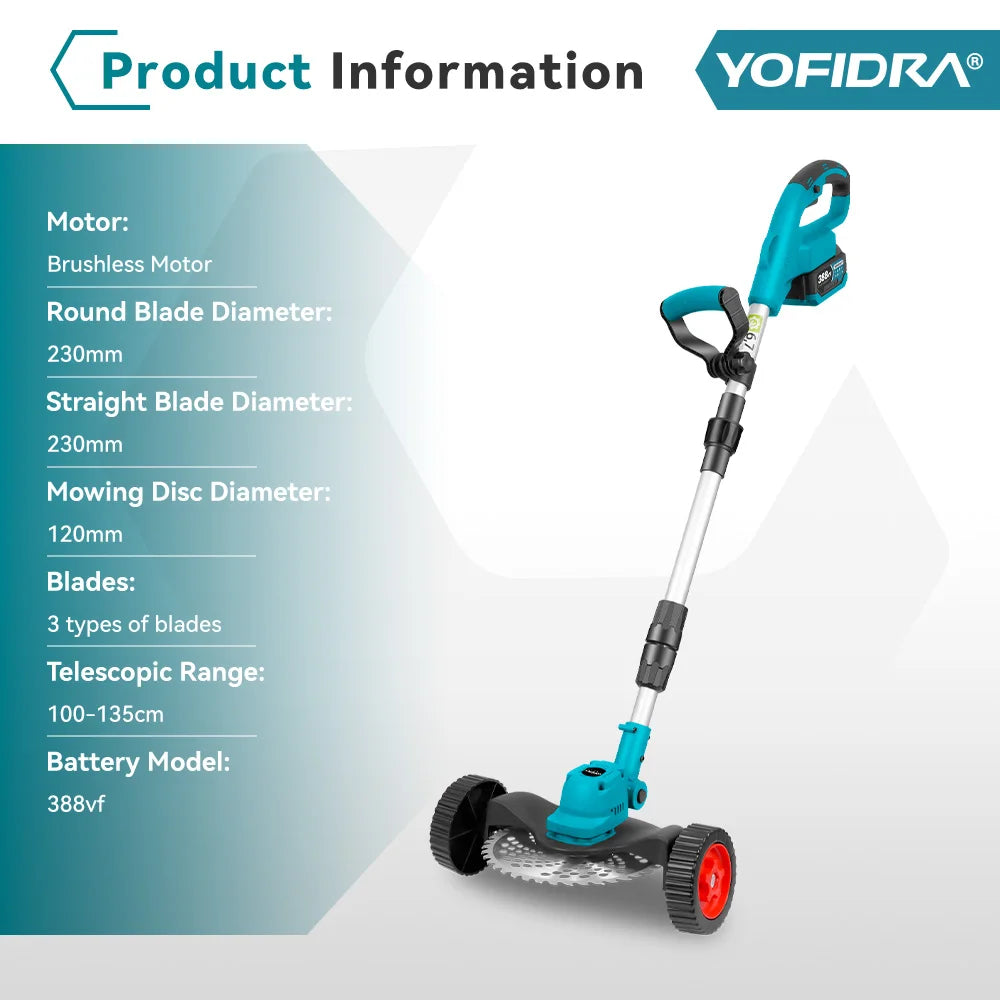 YOFIDRA 9 Inch Brushless Electric Lawn Mower Handheld Cordless Grass Trimmer Length Adjustable Garden Tool For 21V 18V Batter