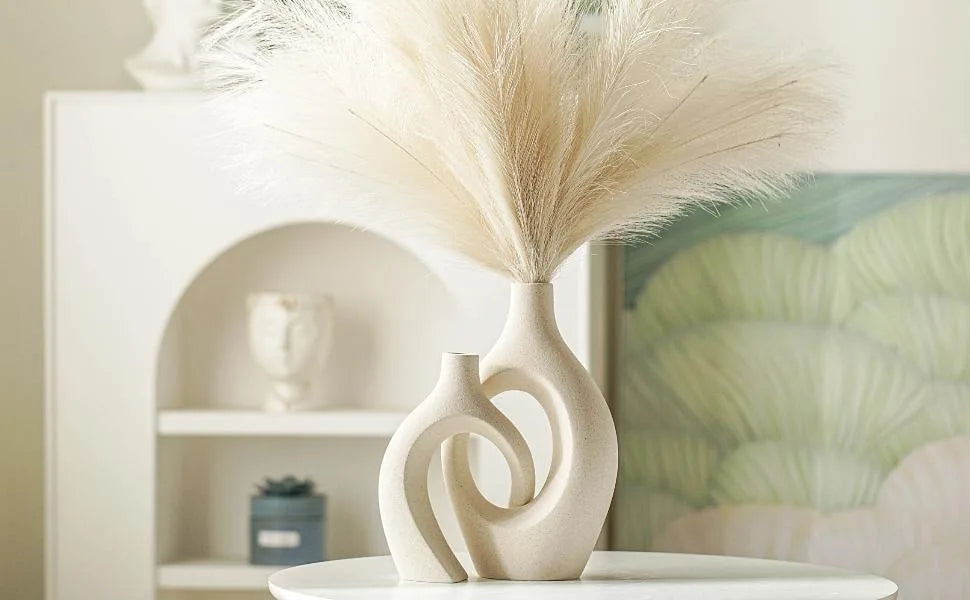 Snuggle Hollow Ceramic Vase Set of 2, Boho ins Style Nordic Mid Century Modern Aesthetic Decorative Vase(Cream W 6.8" X H 11")