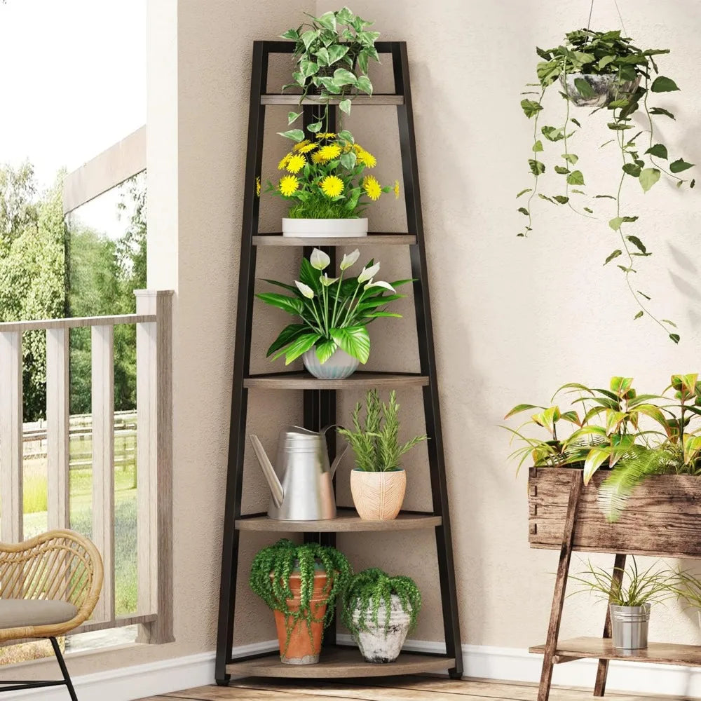 5 Tier Industrial Corner Bookshelf Bookcase Industrial Corner Ladder Shelf Plant Stand for Living Room, Kitchen, Home Office