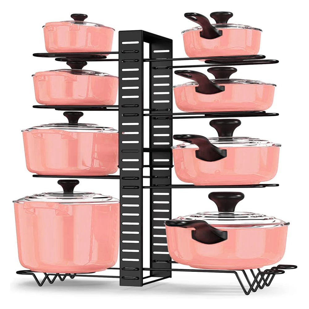 8 Tiers Pan Pot Organizer Rack Multi-layer Iron Wire Bilateral Pot Adjustable Cabinet Pots Lids Storage Rack Kitchen Tool