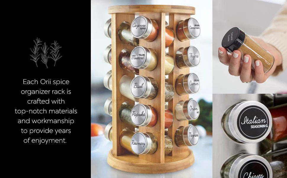 Jar Spice Rack with Spices Included - Revolving Tower Organizer for Kitchen Spices and Seasonings, (Stainless Steel)