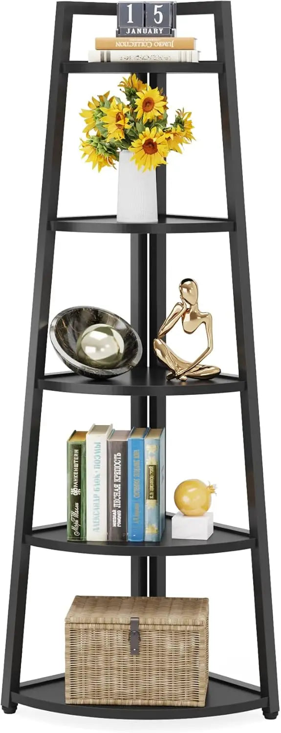 5 Tier Industrial Corner Bookshelf Bookcase Industrial Corner Ladder Shelf Plant Stand for Living Room, Kitchen, Home Office
