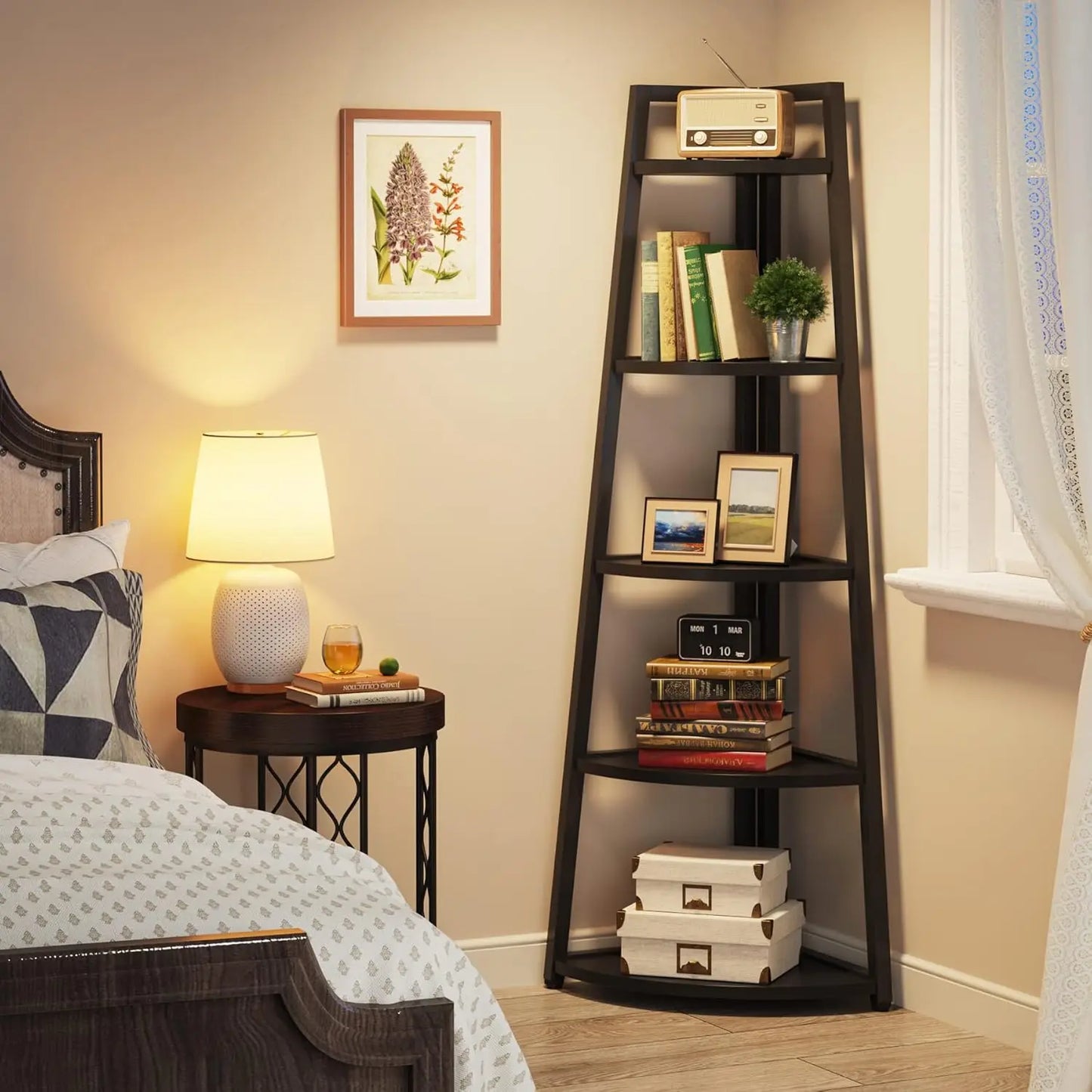 5 Tier Industrial Corner Bookshelf Bookcase Industrial Corner Ladder Shelf Plant Stand for Living Room, Kitchen, Home Office