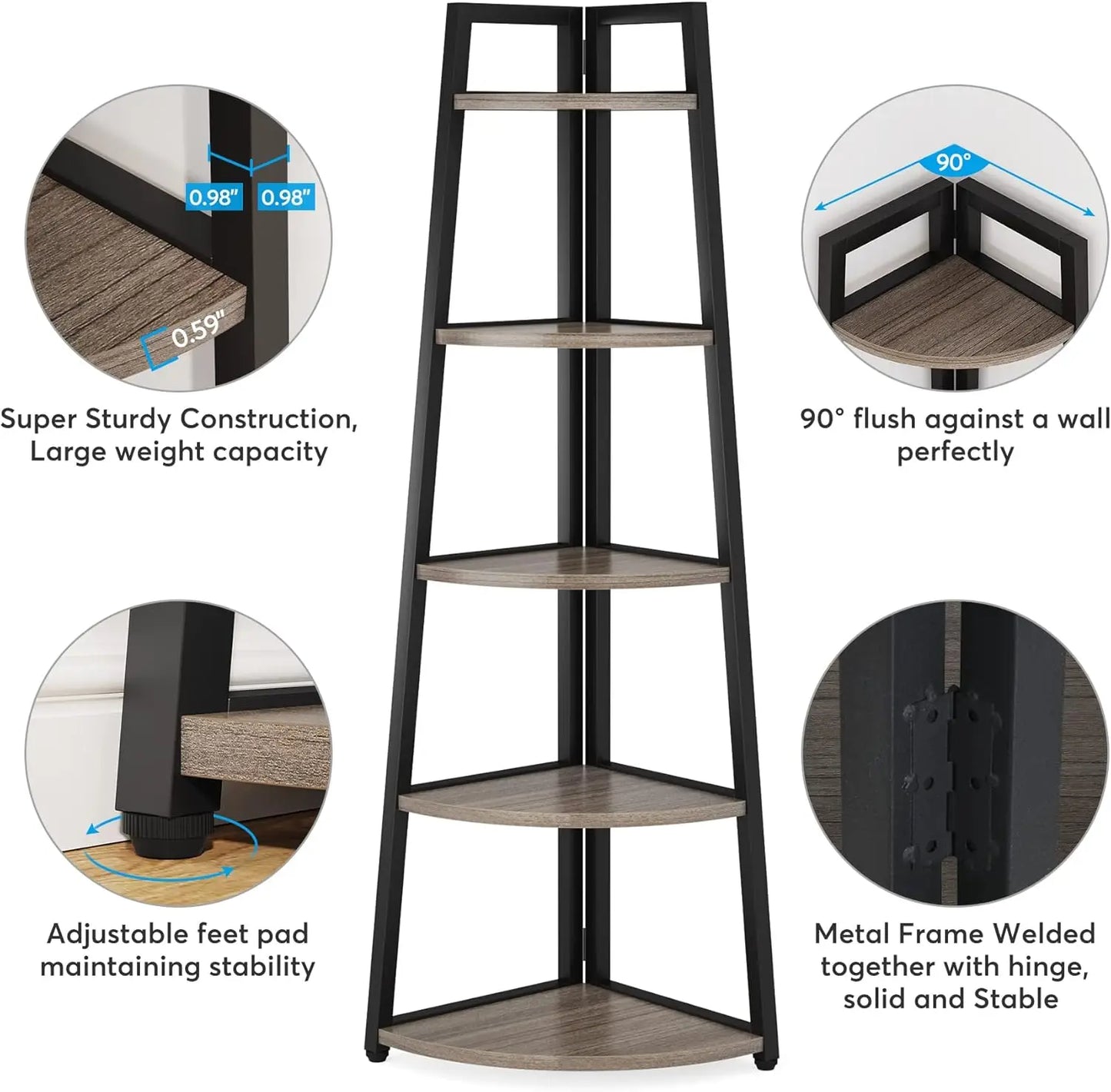 5 Tier Industrial Corner Bookshelf Bookcase Industrial Corner Ladder Shelf Plant Stand for Living Room, Kitchen, Home Office
