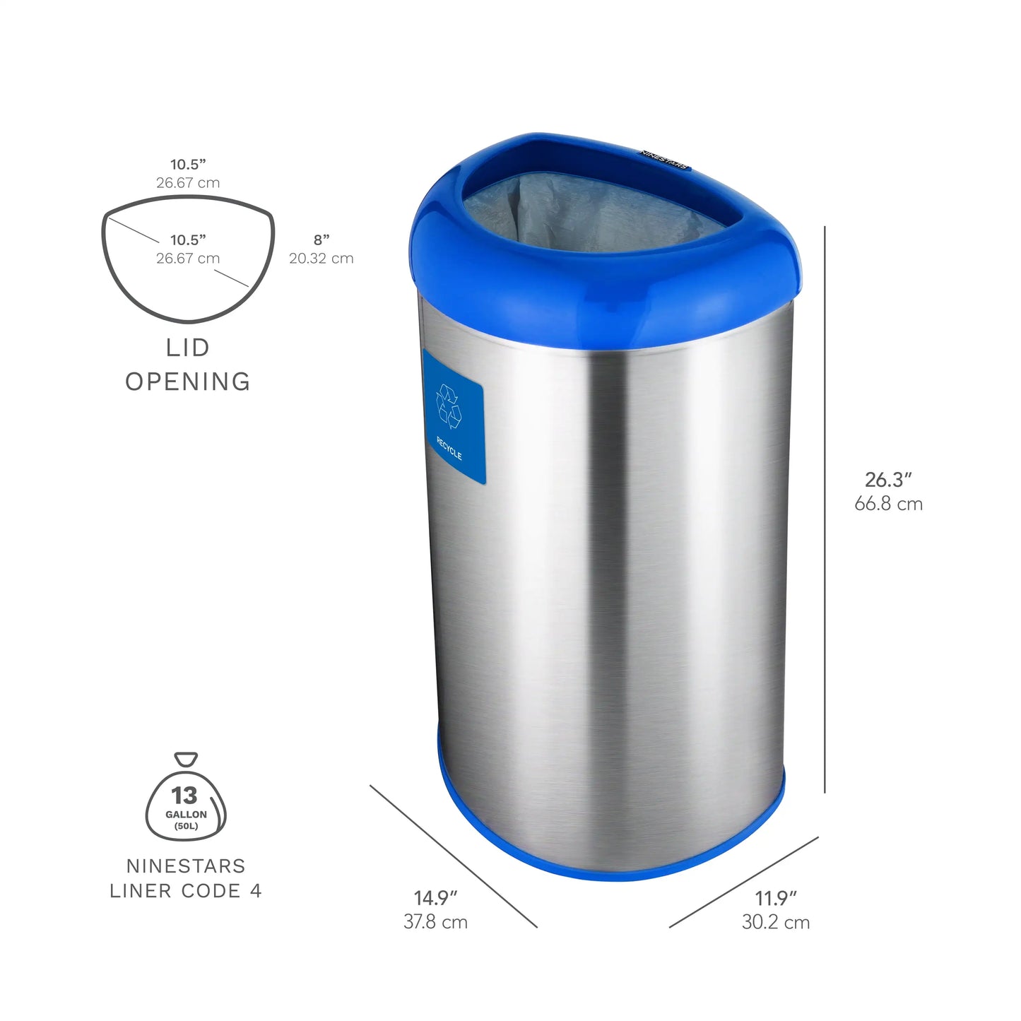 13.2 Gal / 50L Blue Trash Can, Open Top, Fingerprint-Resistant Stainless Steel With Recycle Magnet