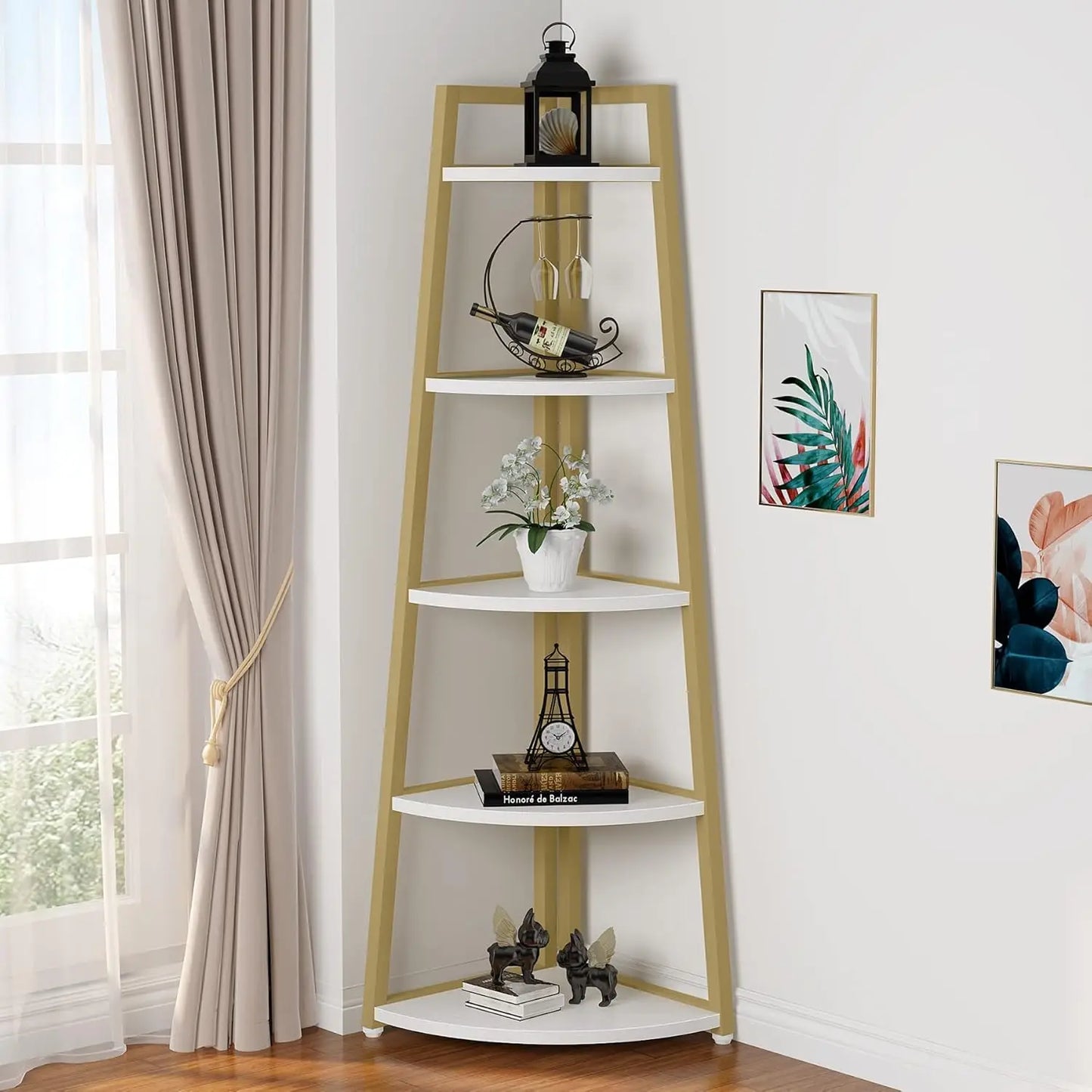 5 Tier Industrial Corner Bookshelf Bookcase Industrial Corner Ladder Shelf Plant Stand for Living Room, Kitchen, Home Office