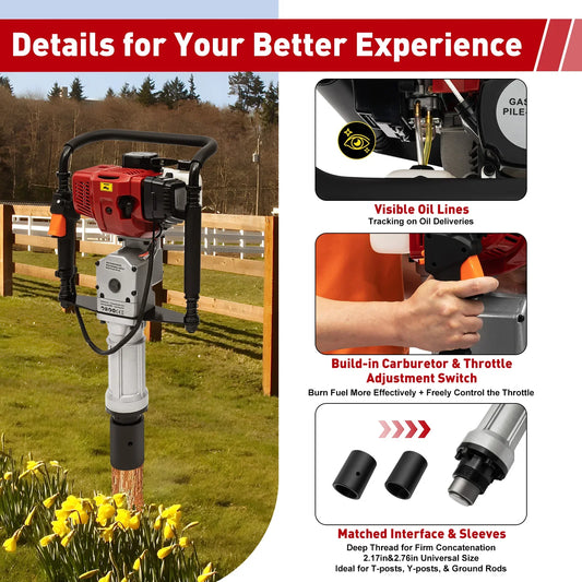 52CC Pile Driver 1900W Gasoline 2 Stroke Post Driver Petrol Garden Fencing Tool Machine 55-70mm Sleeve