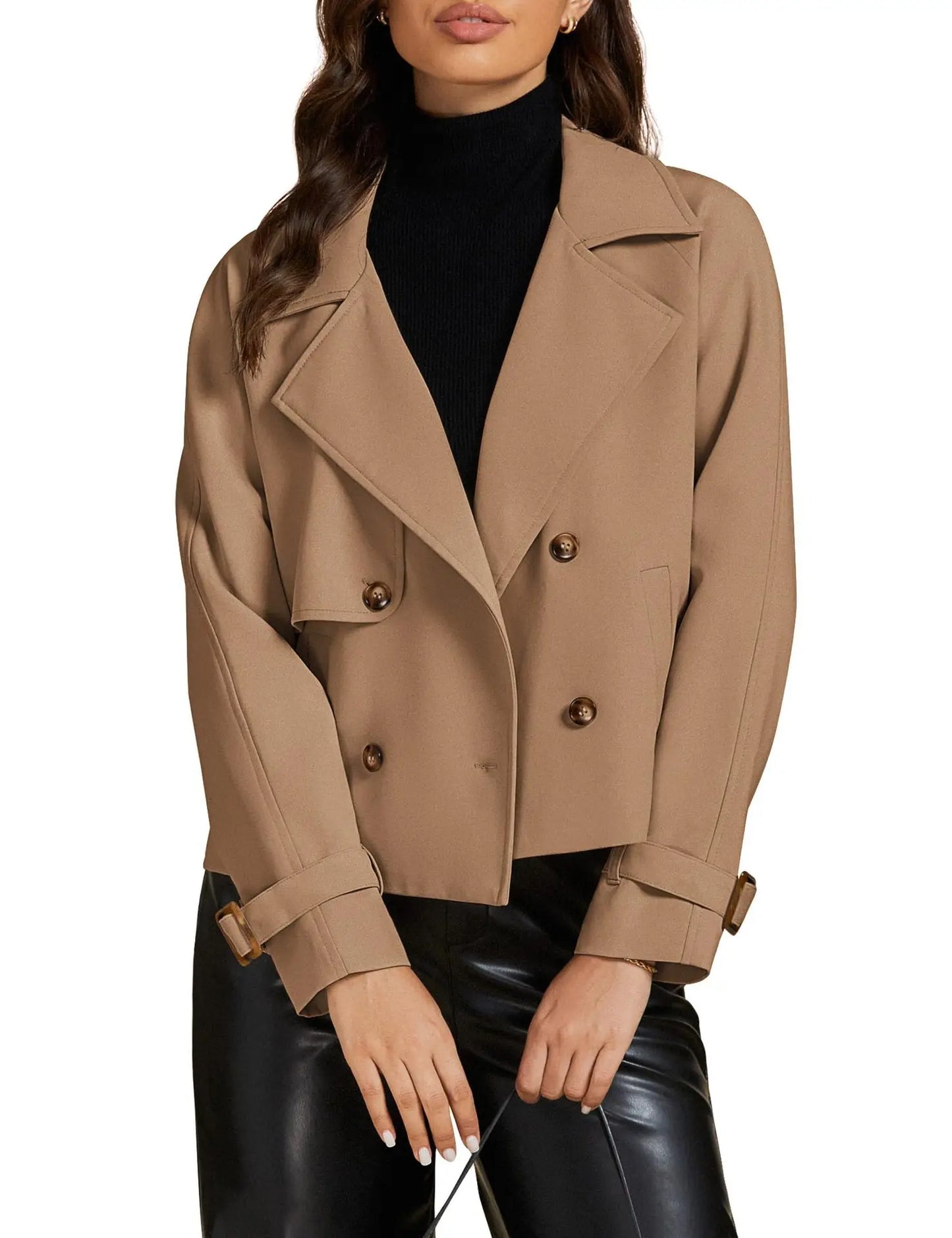 luvamia Cropped Trench Coat for Women Long Sleeve Double Breasted Notched Lapel Casual Loose Fit Jackets with Pockets Jacket