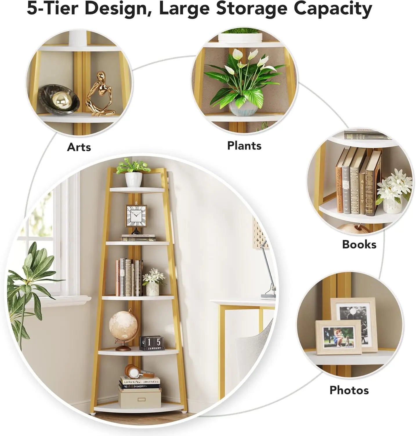 5 Tier Industrial Corner Bookshelf Bookcase Industrial Corner Ladder Shelf Plant Stand for Living Room, Kitchen, Home Office