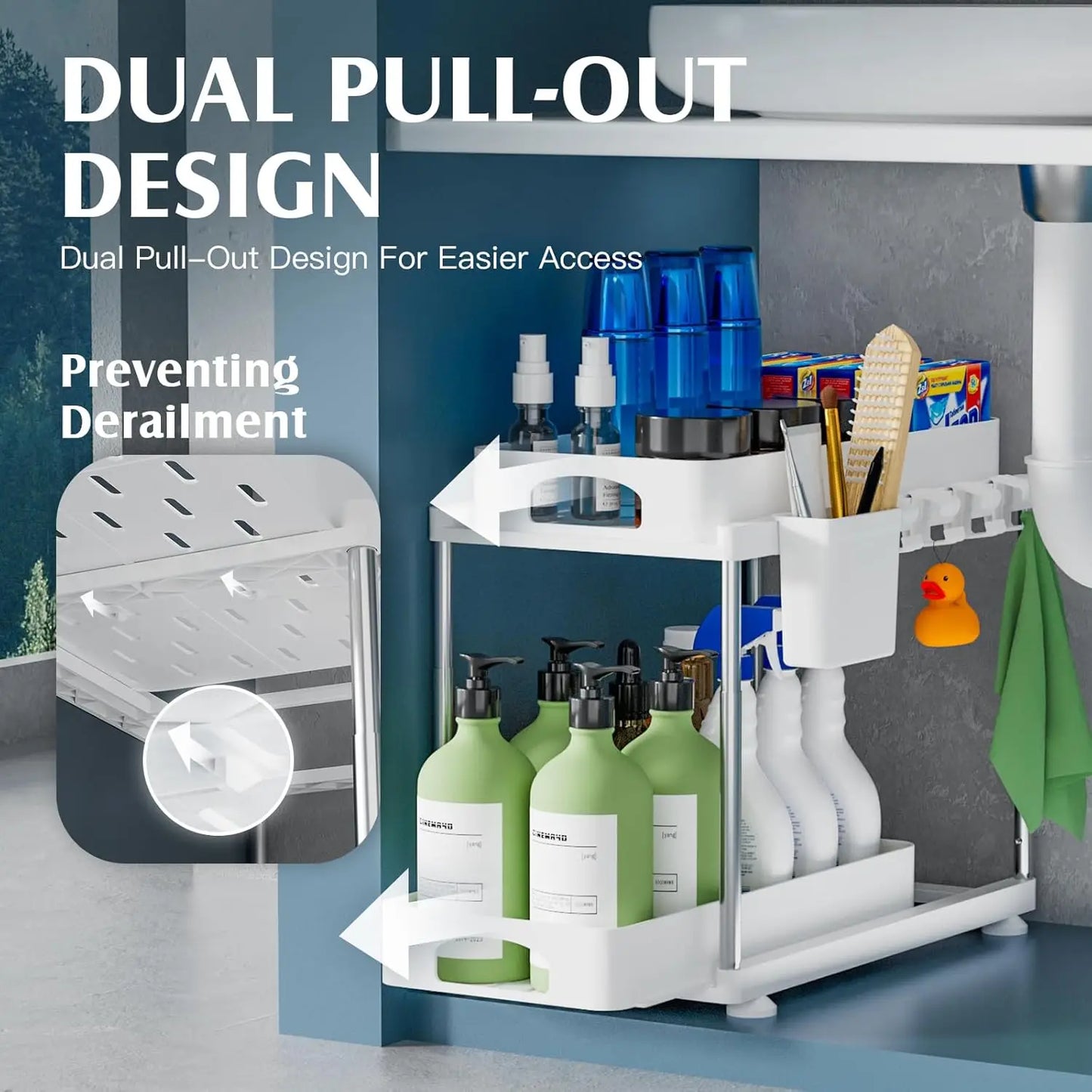 2 Pack Under Sink Organizers and Storage, Double Sliding Kitchen Cabinet Organizer,2 Tier Height Adjustable Countertop Organizer