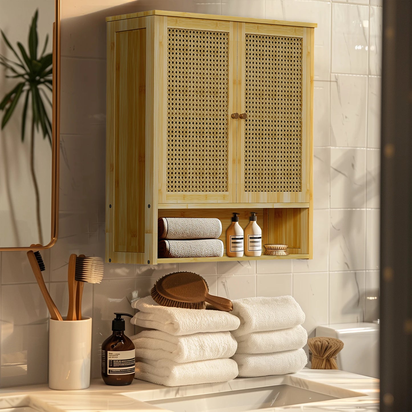 Bamboo Bathroom Wall Cabinet, Over the Toilet, Kitchen Storage, Solid Wood, 3 Shelves, 2 Doors