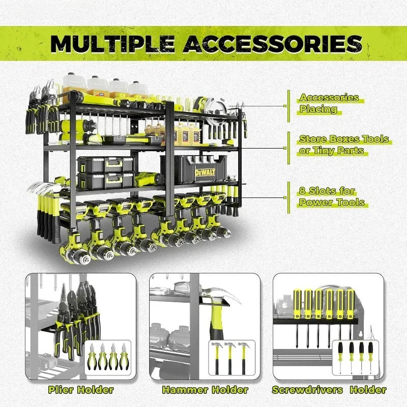Power Tool Organizer, 8 Drill Holder Wall Mount, 4 Layers Garage Tool Organizers and Storage Rack, Tool Shelf with Screwdriver