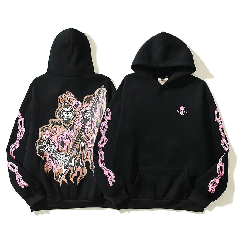 Gothic Hip Hop Rock Letter Graffiti Graphic Print Loose Hoodie Y2k Oversized Vintage Men Hooded Sweatshirt Women Cotton Pullover