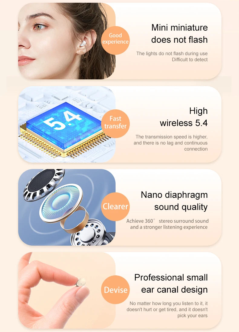 Wireless Bluetooth sleeping Headphones Noise canceling earbuds Hidden Headset Mini Invisible Earphones With Mic Sport Waterproof