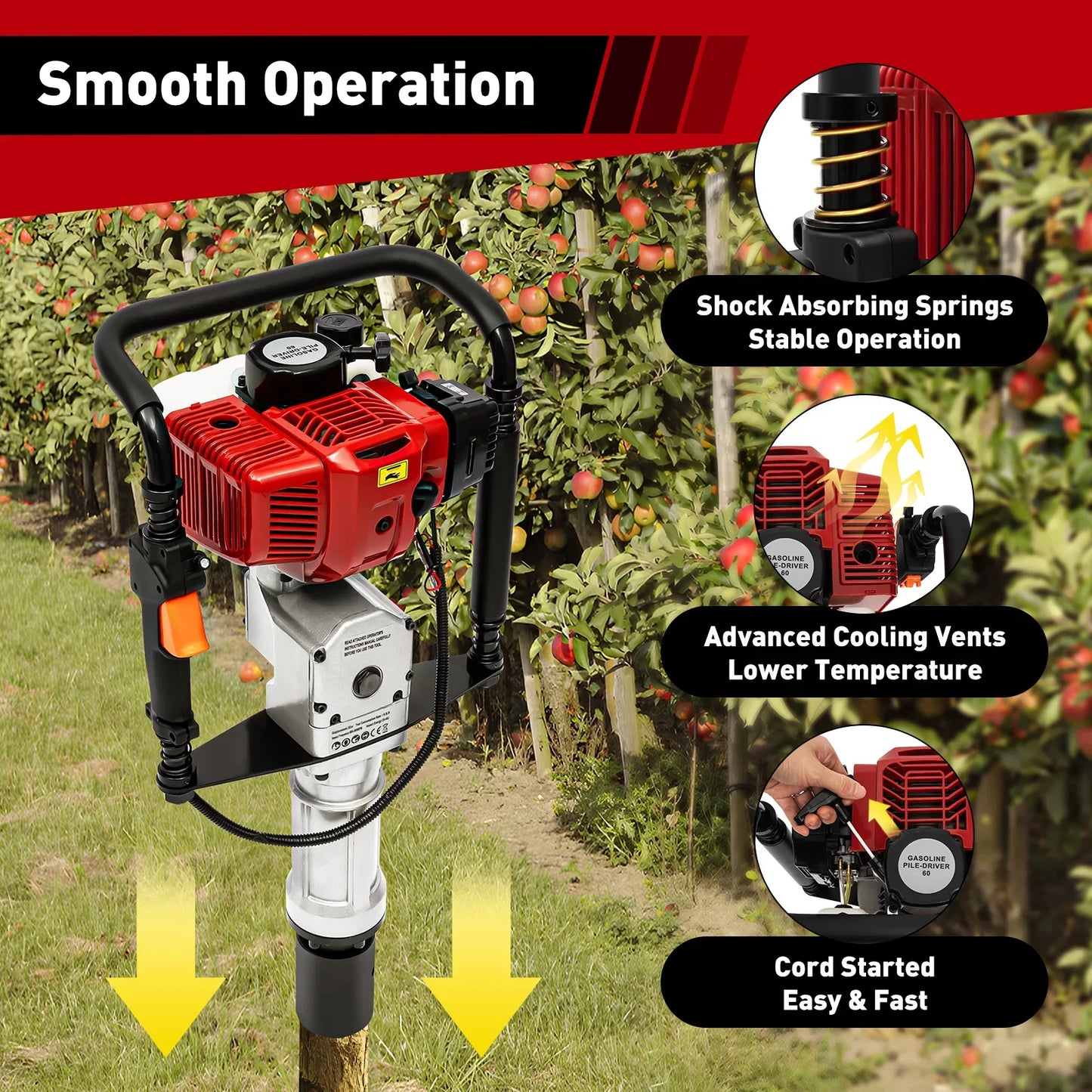 52CC Pile Driver 1900W Gasoline 2 Stroke Post Driver Petrol Garden Fencing Tool Machine 55-70mm Sleeve