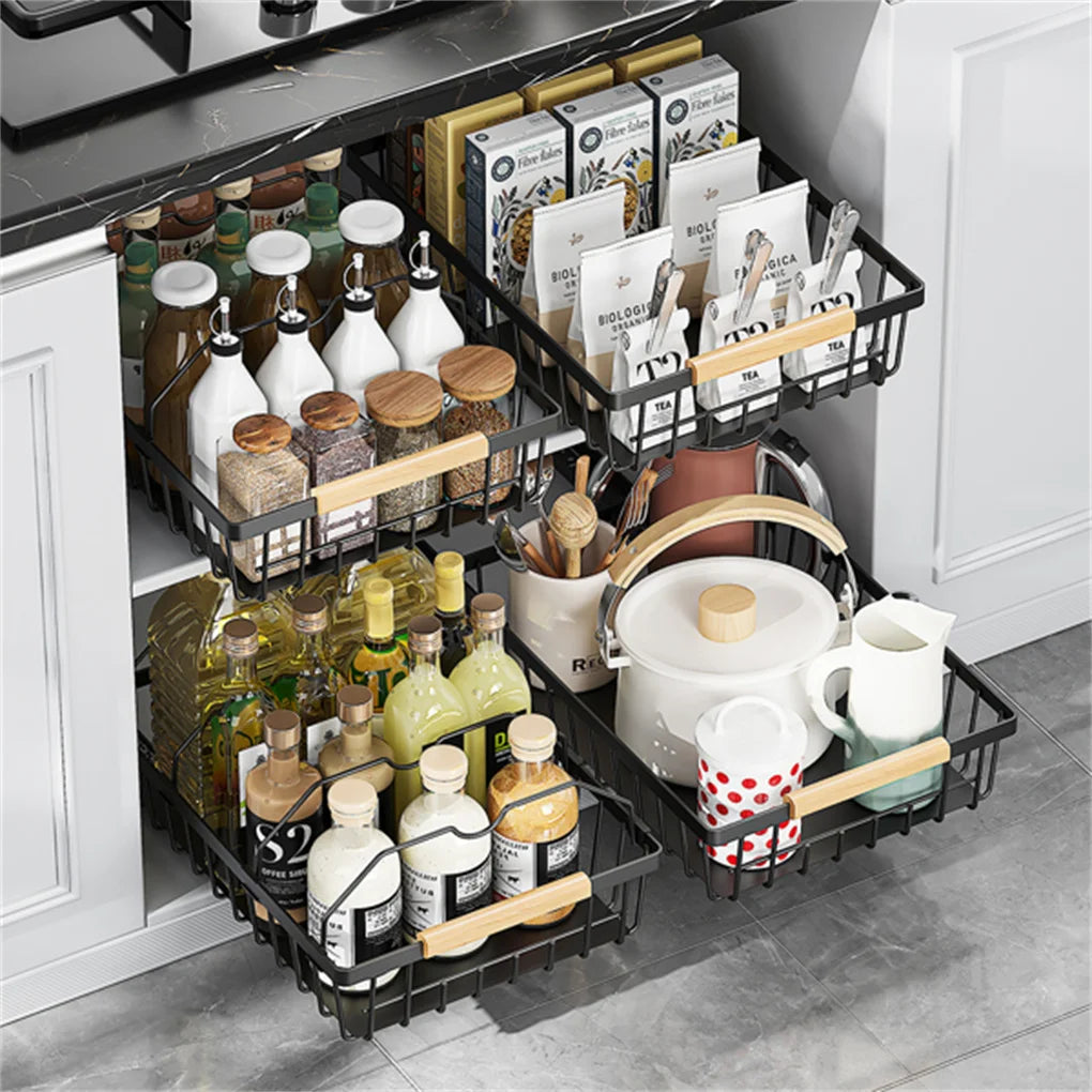 Pull Out Cabinet Organizer, Metal Slide Out Drawers for Cabinets, Sliding Drawers Adhesive Nano Film Roll out Shelf for Kitchen