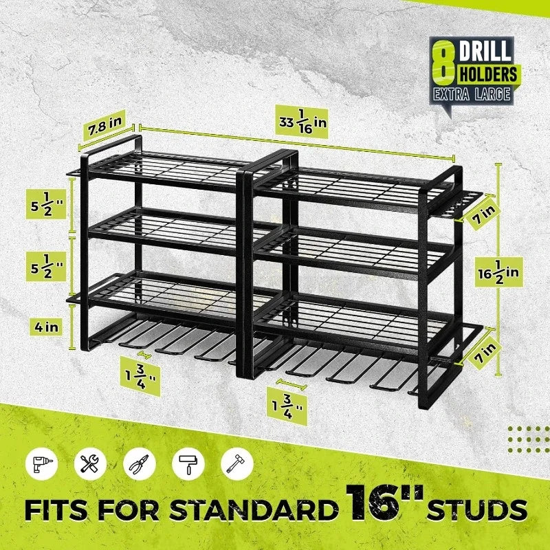 Power Tool Organizer, 8 Drill Holder Wall Mount, 4 Layers Garage Tool Organizers and Storage Rack, Tool Shelf with Screwdriver