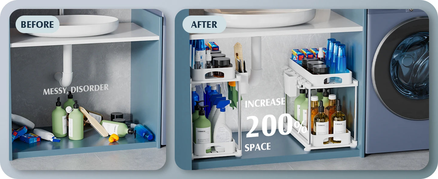 2 Pack Under Sink Organizers and Storage, Double Sliding Kitchen Cabinet Organizer,2 Tier Height Adjustable Countertop Organizer