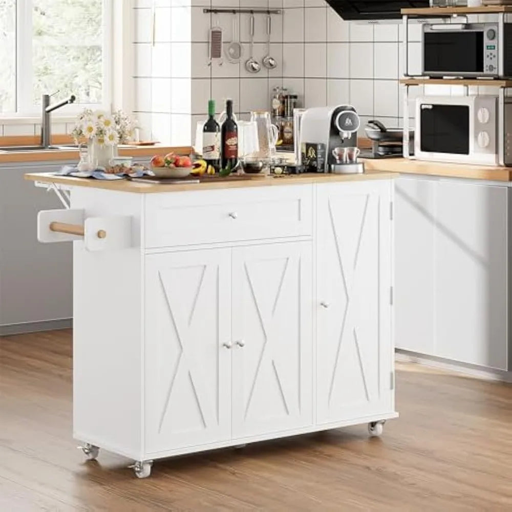 Kitchen Island with Storage, Island Table on Wheels with Drop Leaf, Spice Rack, Drawer, Towel Rack, Rolling Kitchen Island Cart