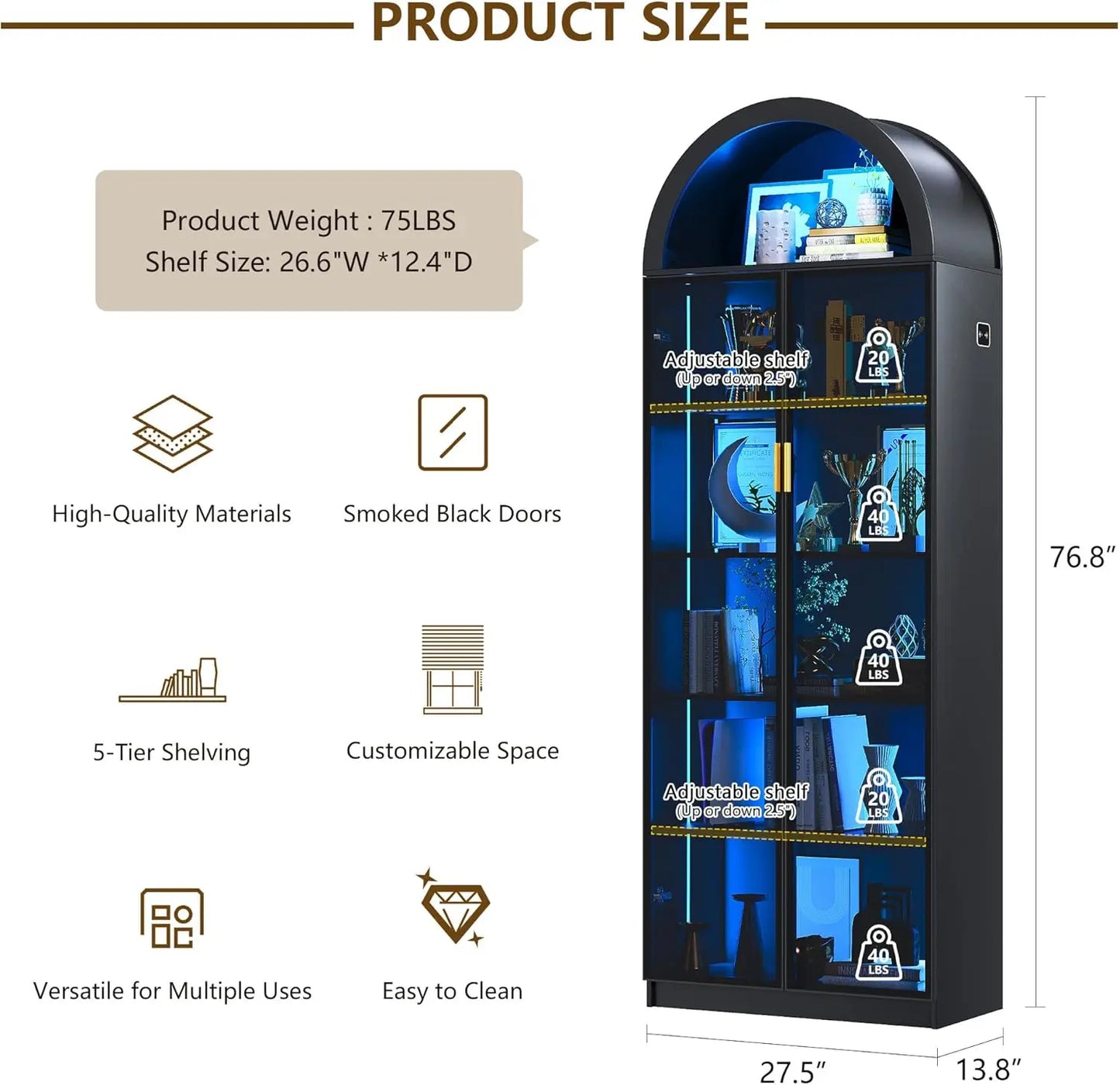 Display Cabinet with Doors and Adjustable Shelves, 76" Tall Display Case with LED Lights/Arch