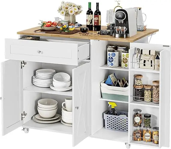 Kitchen Island with Storage, Island Table on Wheels with Drop Leaf, Spice Rack, Drawer, Towel Rack, Rolling Kitchen Island Cart