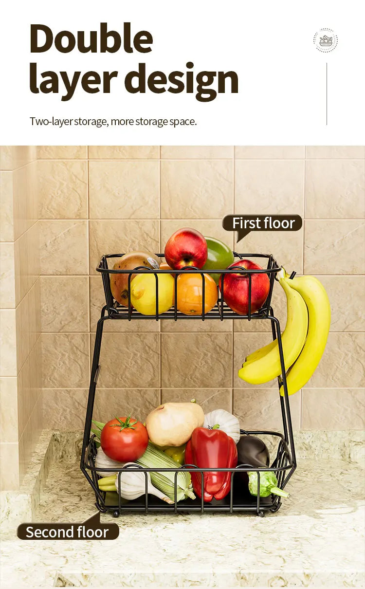 Fruit Basket,Metal Wire Storage Basket With Hooks,Saving Storage Rack,Stylish Kitchen Organizer In Space - Display Stand