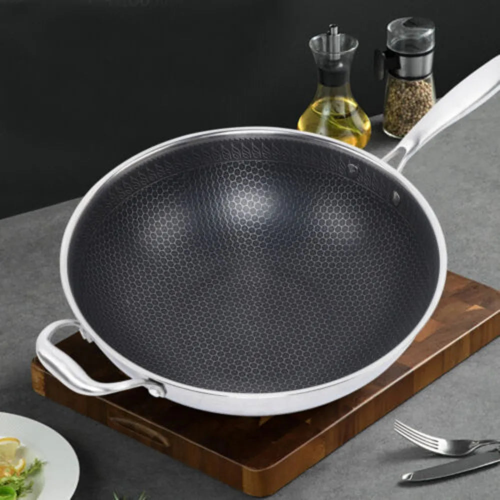 Bymaocar 34cm Cooking Wok Stainless Steel Kitchen Frying Pan with Non-stick Coated & Glass  Lid for Gas Stove & Induction Cooker