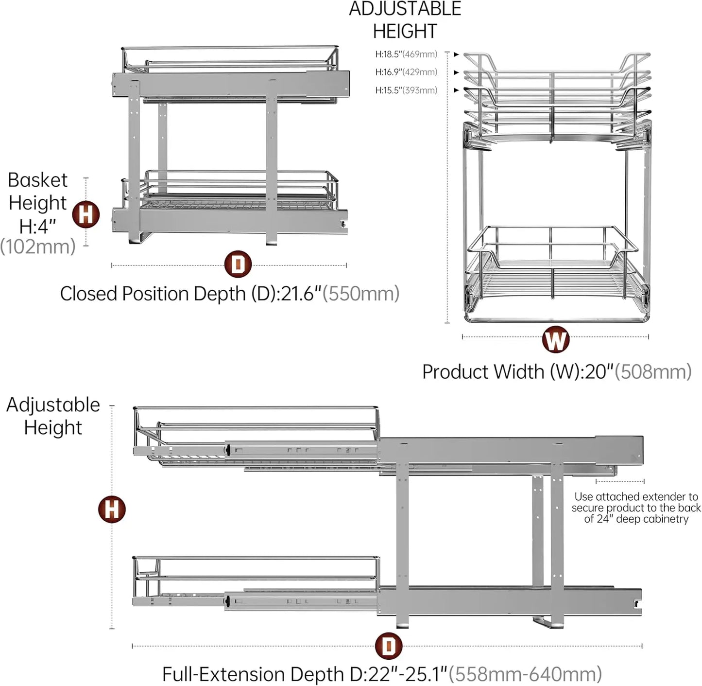 2-Tier Cabinet Pull Out Shelves (20" W x 22" D), Slide Out Shelves for Kitchen Cabinet