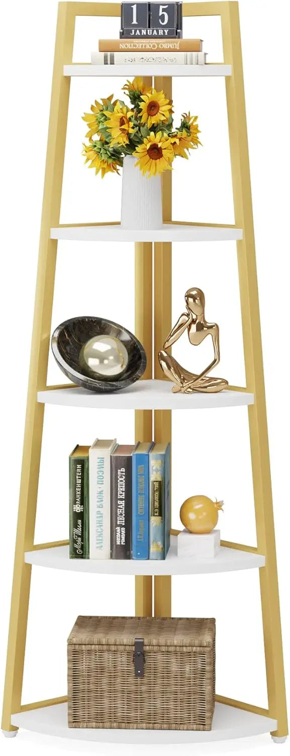 5 Tier Industrial Corner Bookshelf Bookcase Industrial Corner Ladder Shelf Plant Stand for Living Room, Kitchen, Home Office