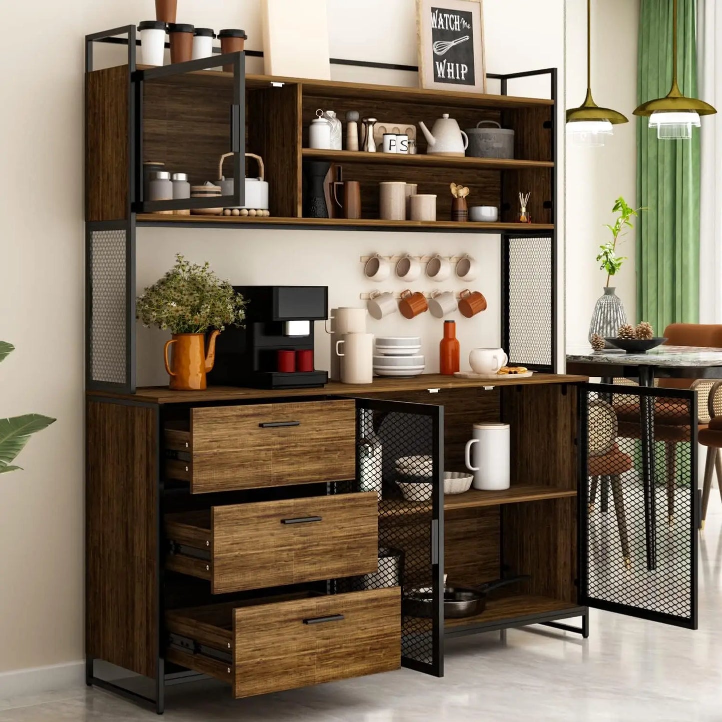 Modern Wood Sideboard Buffet Storage Cabinet with Hutch, 3 Metal Mesh Doors, 3 Drawers & Shelves, Kitchen Pantry