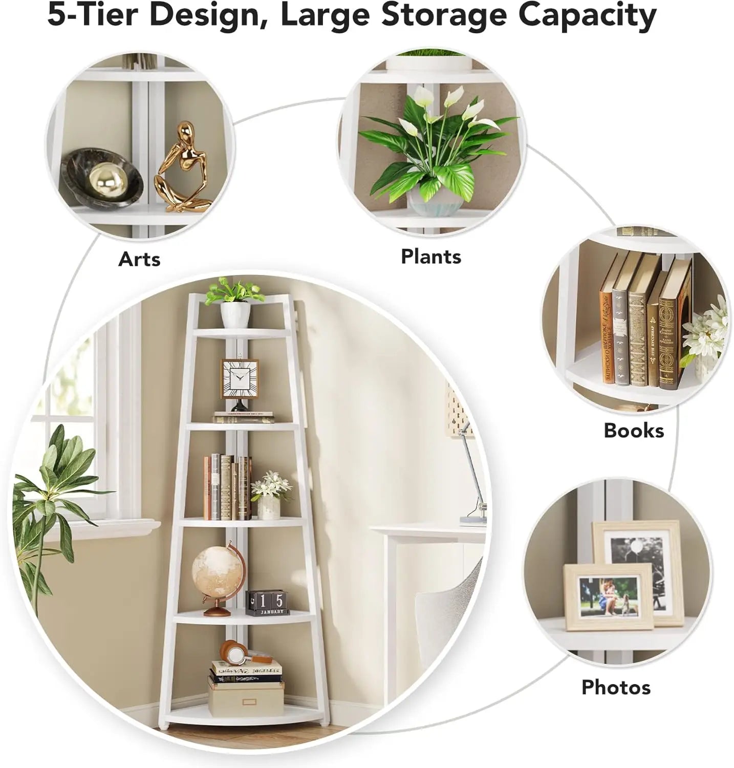 5 Tier Industrial Corner Bookshelf Bookcase Industrial Corner Ladder Shelf Plant Stand for Living Room, Kitchen, Home Office