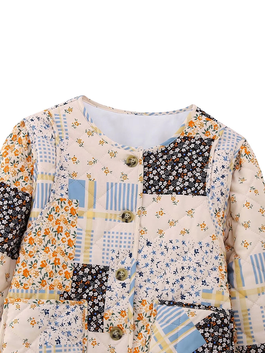 Fall Winter Women's Quilted Coats Jacket Lightweight Fashion Floral Print Casual Long Sleeve Button Cardigan Outwear Streetwear