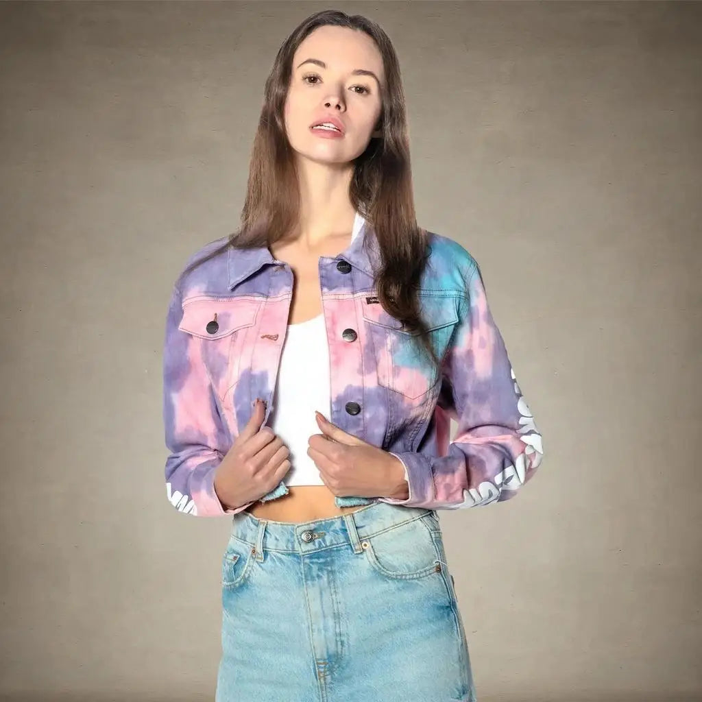 Members Only | Women's Rugrats Tie-Dye Frayed Crop Denim Jacket