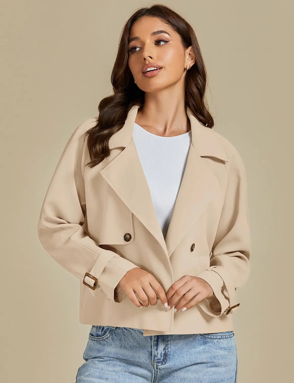 luvamia Cropped Trench Coat for Women Long Sleeve Double Breasted Notched Lapel Casual Loose Fit Jackets with Pockets Jacket