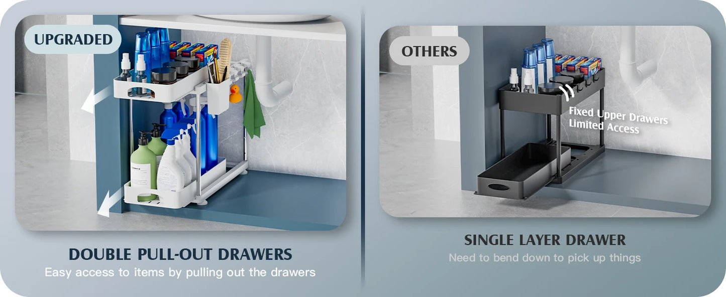 2 Pack Under Sink Organizers and Storage, Double Sliding Kitchen Cabinet Organizer,2 Tier Height Adjustable Countertop Organizer
