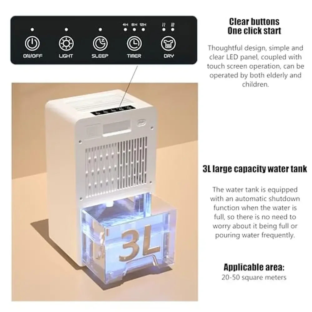 Compact 85oz Dehumidifier Bathroom Bedroom RV Kitchen Quiet Auto Shut Off Night Light