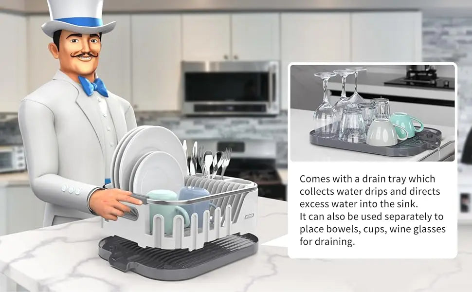 Dish Drying Rack for Kitchen Counter,Compact Dish Drainer with Drainboard,Utensil Holder and Cup Rack, Kitchen Drying Rack