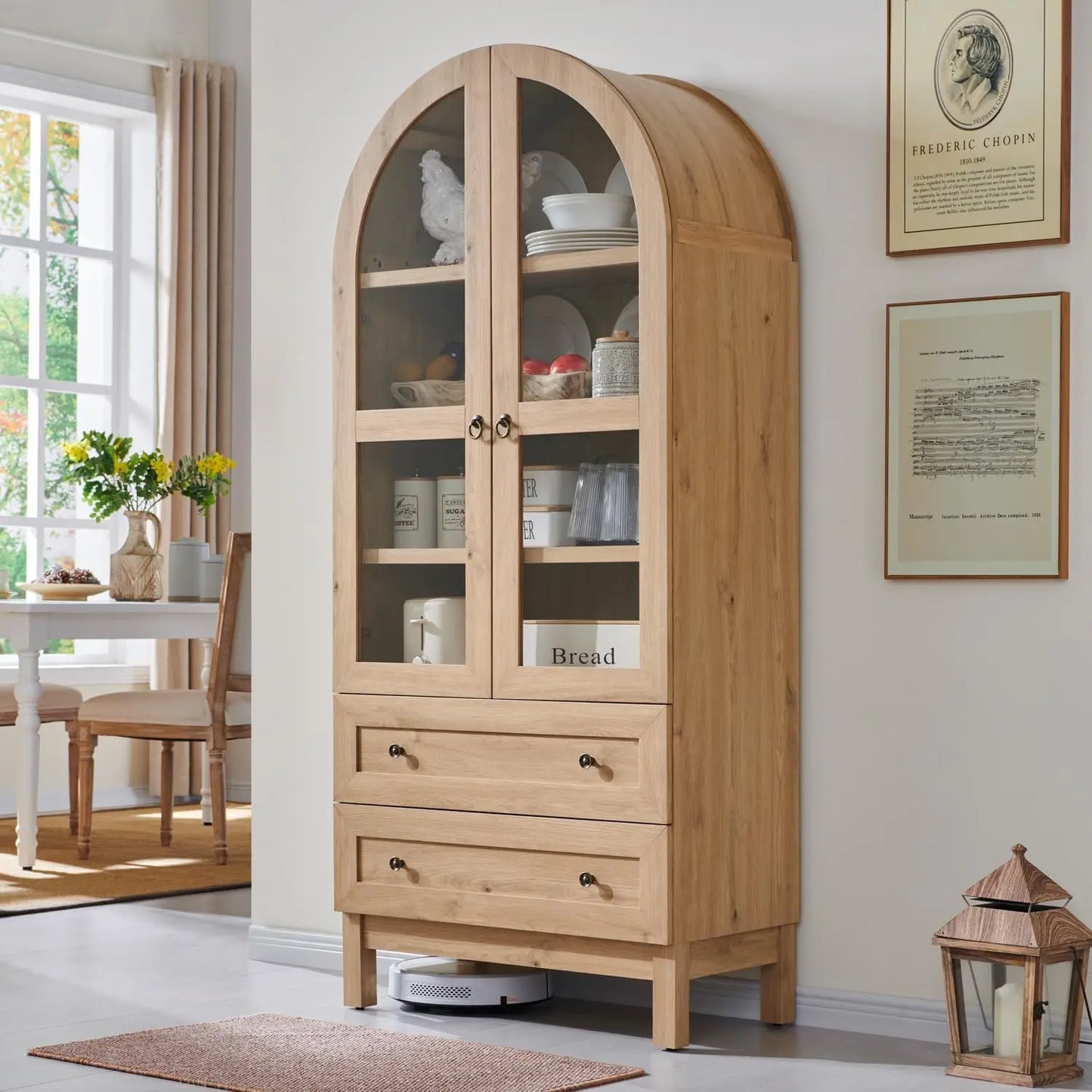 Wood Kitchen Storage Cabinets with 2 Large Drawers and Adjustable Shelves, Modern Farmhouse Versatile Cupboard for Kitchen