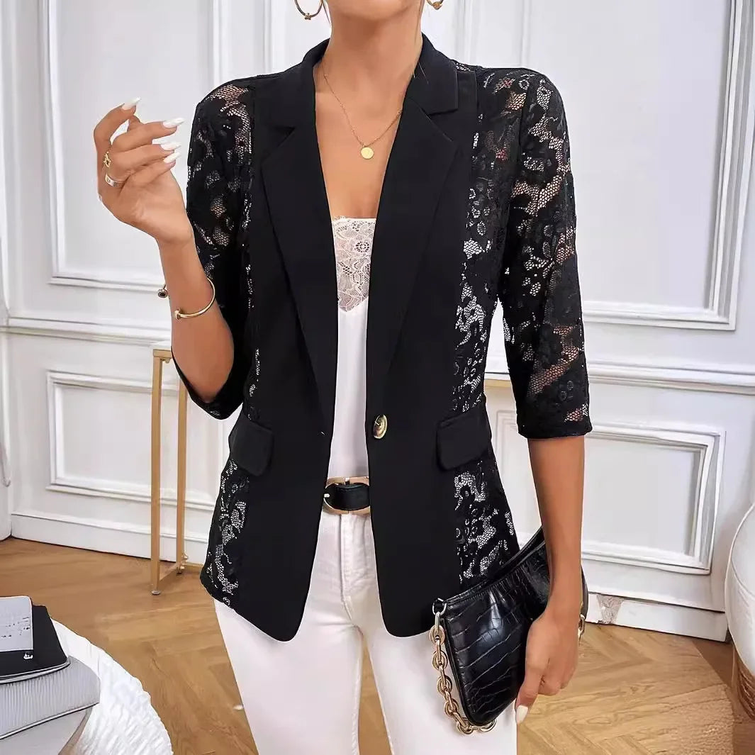 solid Elegantcolor fashionable lace patchwork small suit women's coat mesh long sleeved slim fit sports jacket women's cardigan
