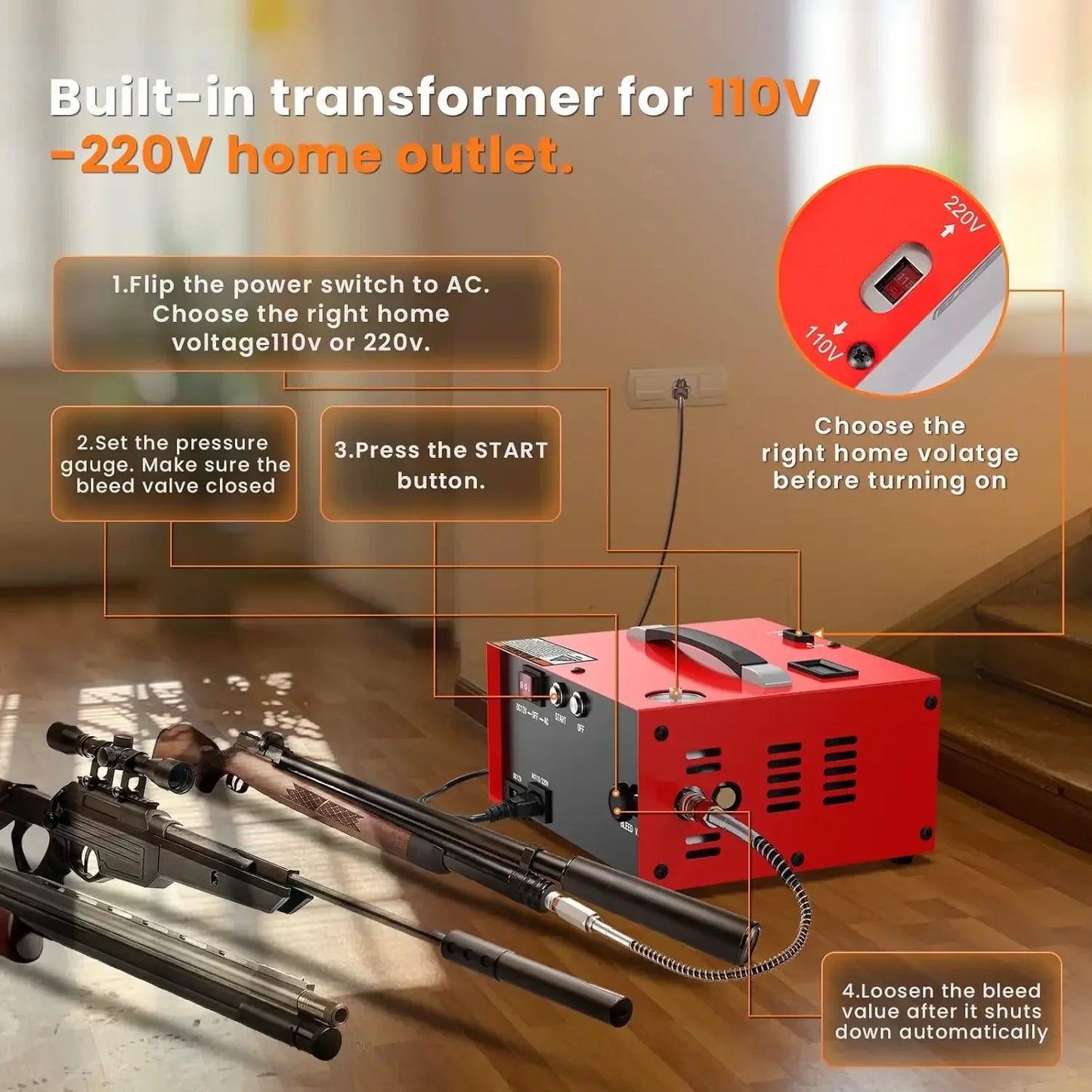 PCP Air Compressor with Built-in Power Adapter,Auto-shutoff Oil &Water-Free 4500Psi/30Mpa Air Gun and Paintball