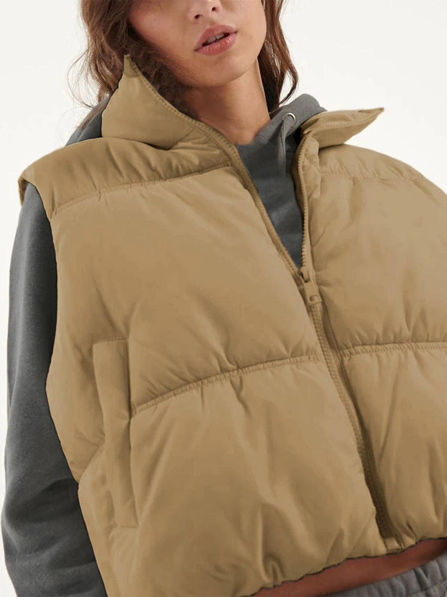 Women s Winter Quilted Waistcoat Solid Color Lightweight Zip Stand Collar Winter Vest Sleeveless Jacket