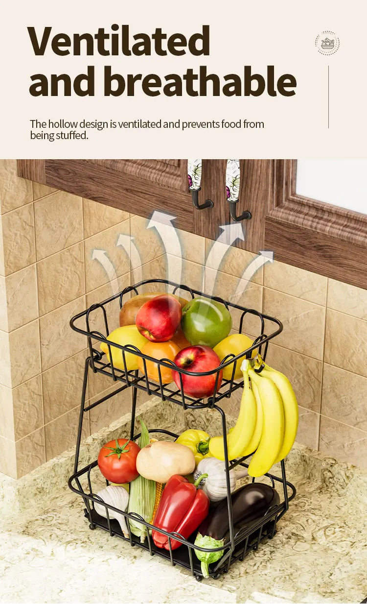 Fruit Basket,Metal Wire Storage Basket With Hooks,Saving Storage Rack,Stylish Kitchen Organizer In Space - Display Stand